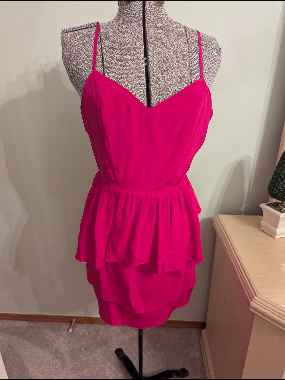 Greylin Hot Pink Tiered Spaghetti-Strap Mini Dress
